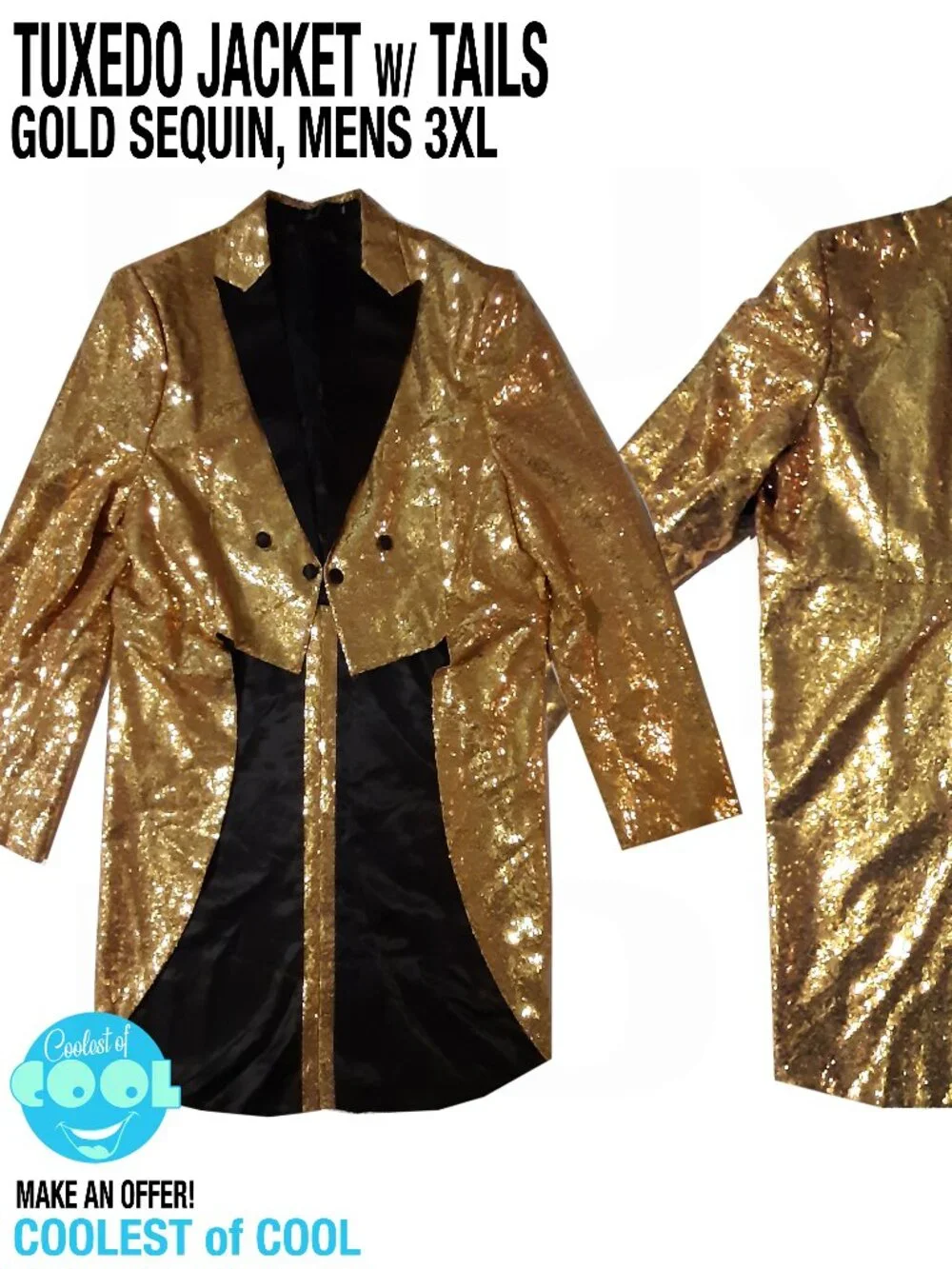 mens 3XL gold sequin tuxedo jacket size 48 tailcoat double breasted suit nice